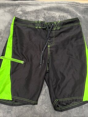 Hang Ten Black Swim Board Shorts with Neon Green Panels